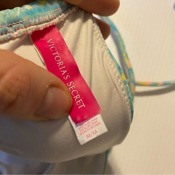 Victorias Secret Aqua blue paisley triangle halter top string bikini swimsuit M - Picture 3 of 6